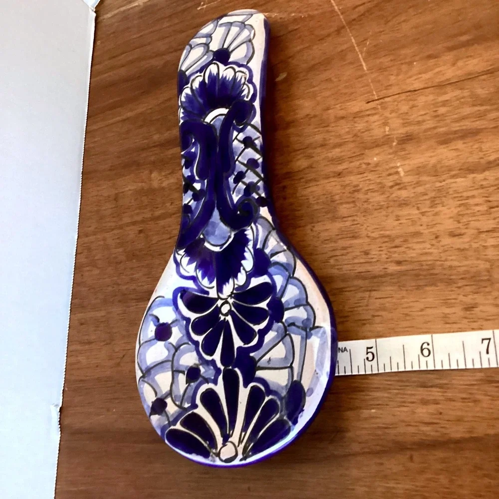 Talavera Mexican Pottery Blue White Hand Painted Spoon Rest Signed Sta-Irene 11